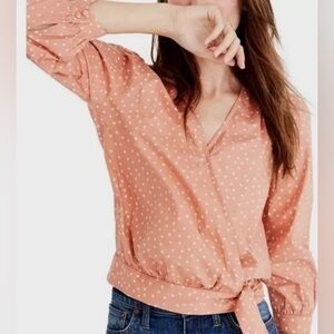Madewell - Star Print Coral And White V Neck Long Sleeve Wrap Top Size Large